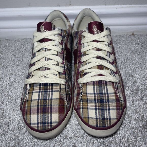 Polo Ralph Lauren Shoes Harold Canvas Madras Plaid Red/White Sneakers Size 9D - Picture 2 of 9